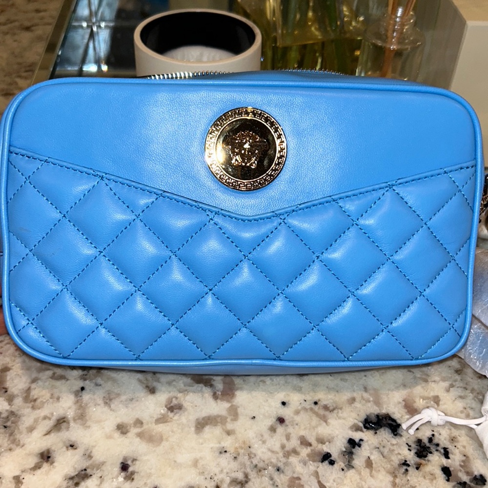 Versace La Medusa Blue Quilted Small Camera Crossbody